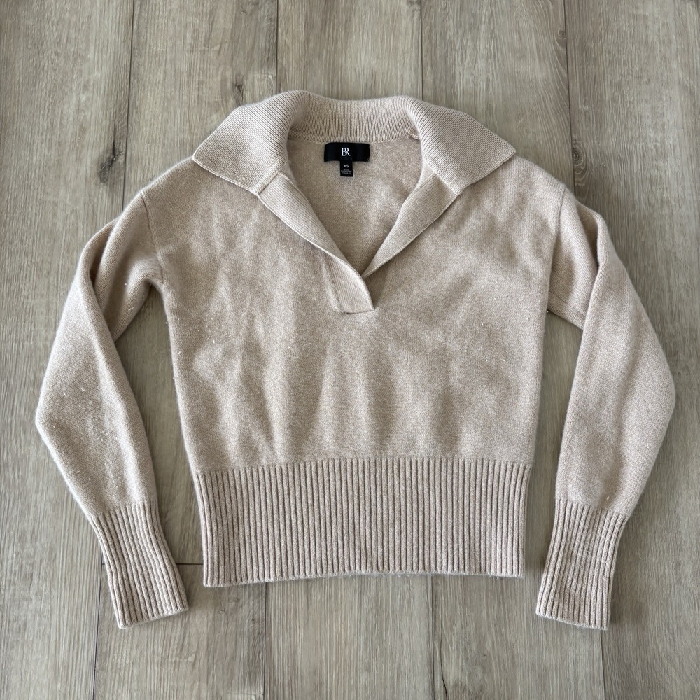 BANANA REPUBLIC Beige Cashmere V Neck Johnny Collar Sweater Size XS - Picture 1 of 6